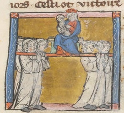 medieval illustration of virgin mary on a litter